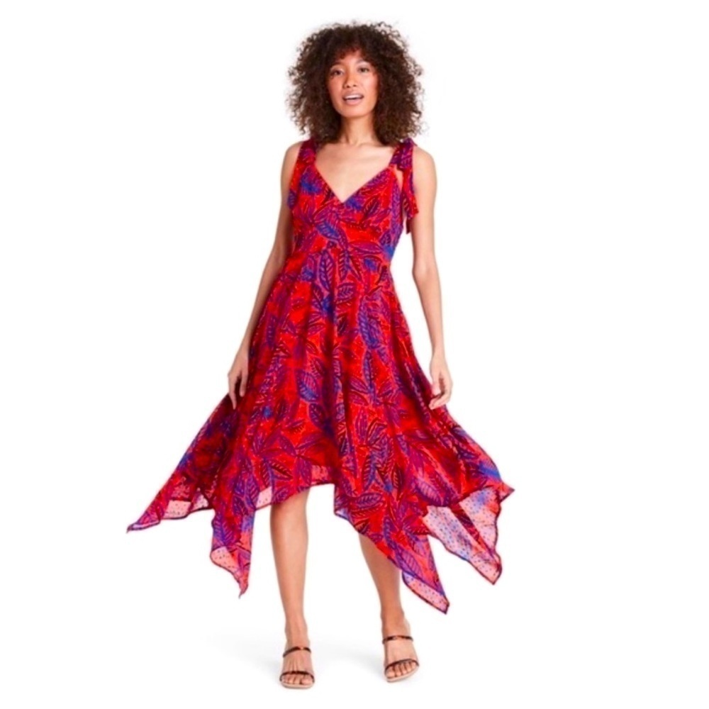 ALEXIS for Target Tropical Leaf Tie Strap Asymmetrical Hem Dress Orange Blue S